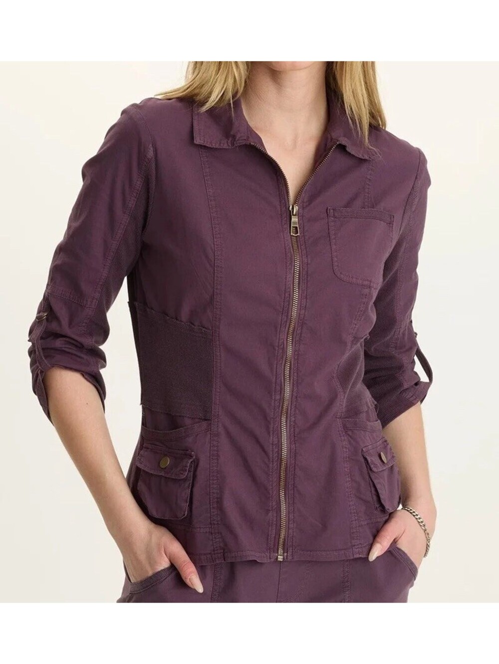 NWT XCVI WEARABLES WEXEL STRETCH POPLIN FITTED CARGO JACKET PURPLE SIZE LARGE